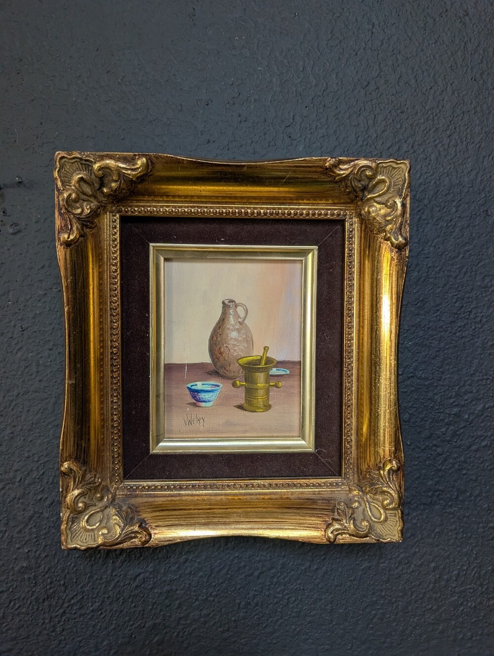 Vintage, Mini Oil Painting Still, Ornate Baroque Gold Frame 9"